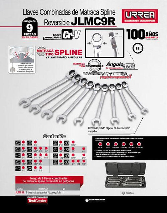 Juego 9 llaves de matraca reversible spline pulgadas Urrea JLMC9R