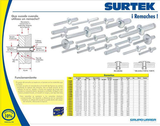 Remache 1/8 x 1/8'' 1000 piezas Surtek 113400