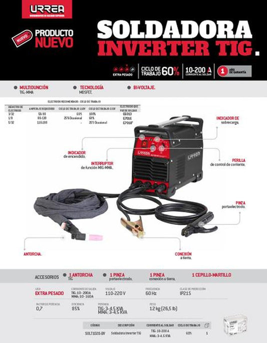 Soldadora invert Bi-Vol multifuncional tecnol MOSFET Urrea SOLT1020-BV