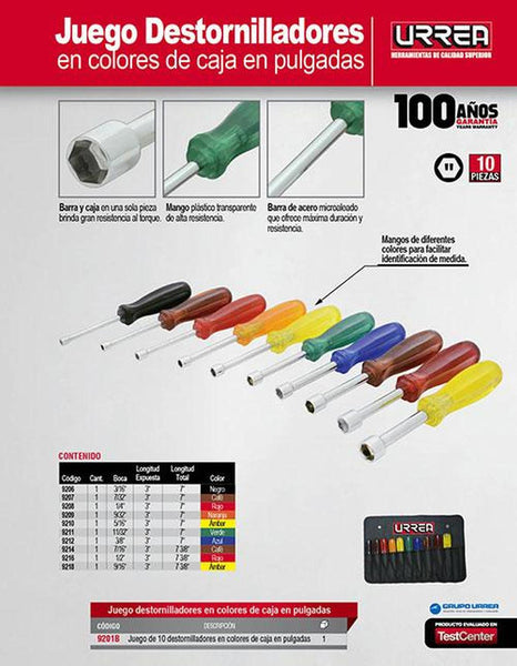 Juego 10 destornilladores de colores de caja pulgadas Urrea 9201B