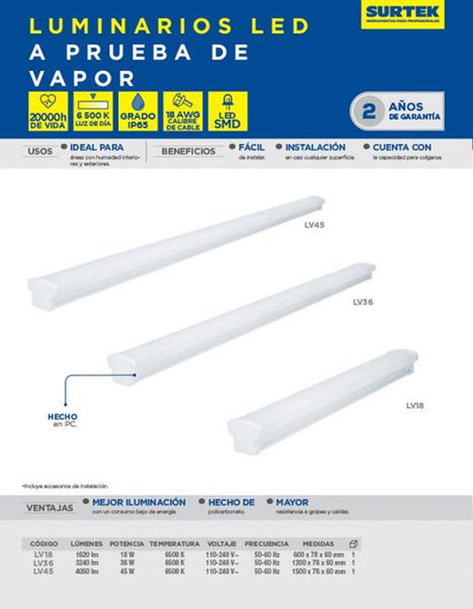 Luminario LED a prueba de vapor 36W Surtek LV36