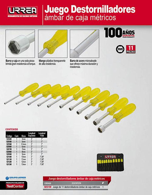 Juego de 11destornilladores ámbar de caja métricos Urrea 9231M