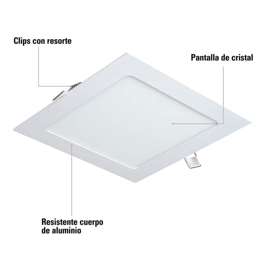 Luminario ultradelgado cuadrado p/empotrar 12W, luz cálida Volteck 47407