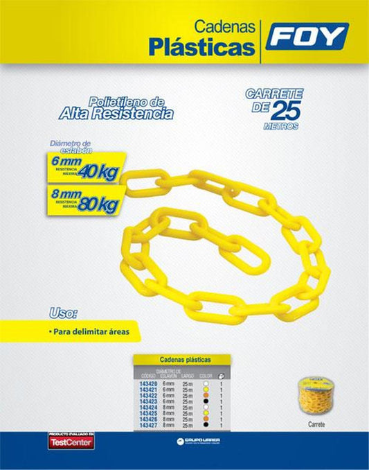 Cadena plástica 8 mm x 5/16" 25 mt 80 kg amarilla Foy 143425