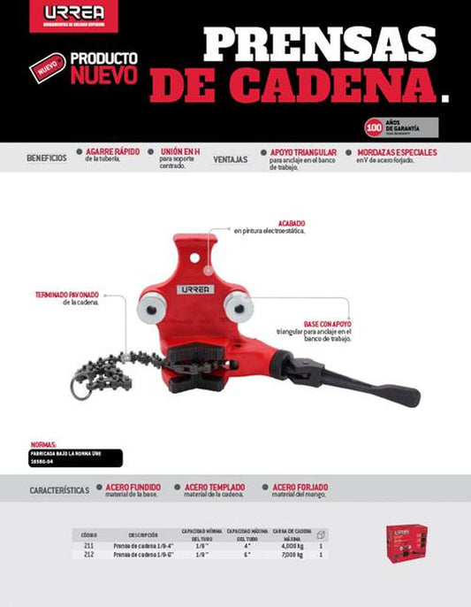 Prensa de cadena para tubo de 1/8" a 6" Surtek 212