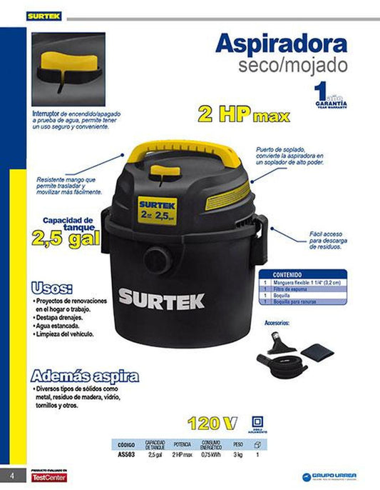 Surtek Aspiradora 2.5 gal 2HP AS503