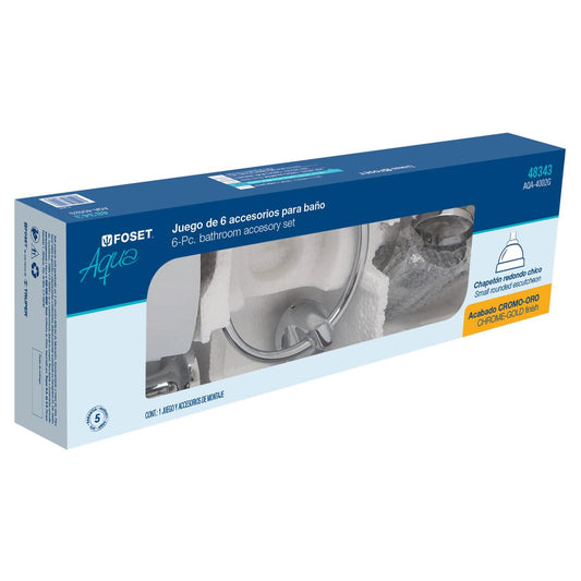 Jgo acc p/baño con jabonera metálica,cromo/oro, 6 pzas, Foset 48343