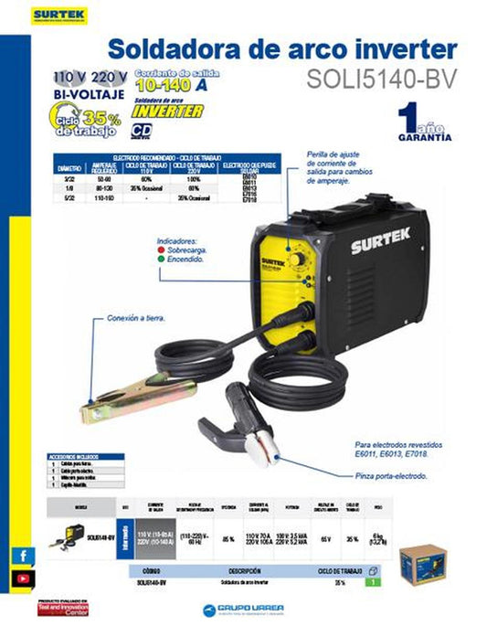 Soldadora de arco inverter 110V, 60Hz, monofásica Surtek SOLI5100