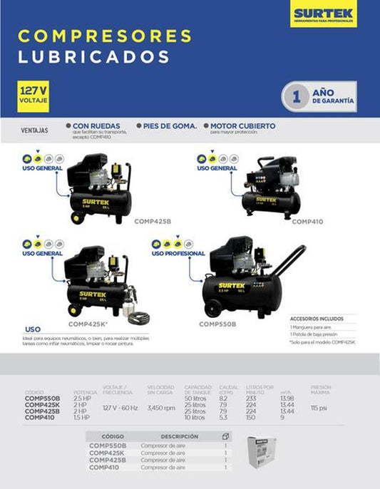 Compresor de aire 1.5HP 10L SURTEK COMP410