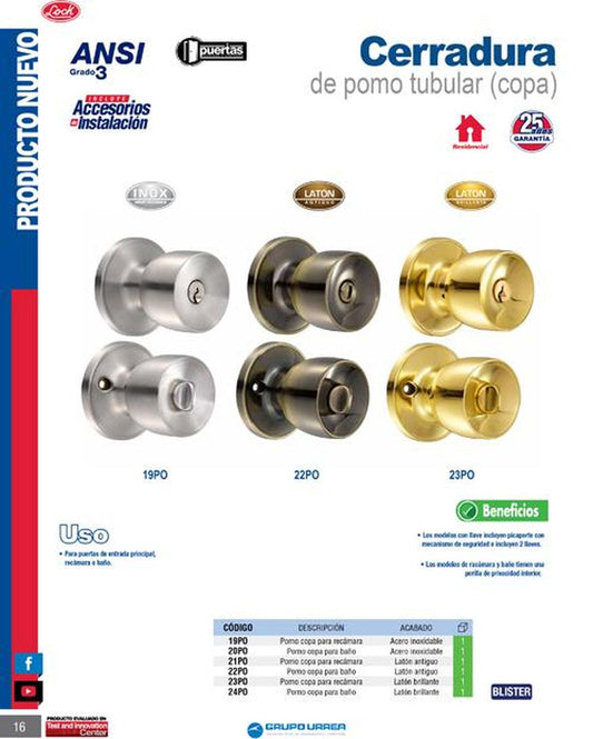 Cerradura pomo (copa) para recámara, acero inoxidable Lock 19PO