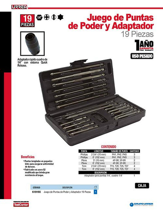 Juego de puntas y adaptadores 19 piezas Urrea 61919X