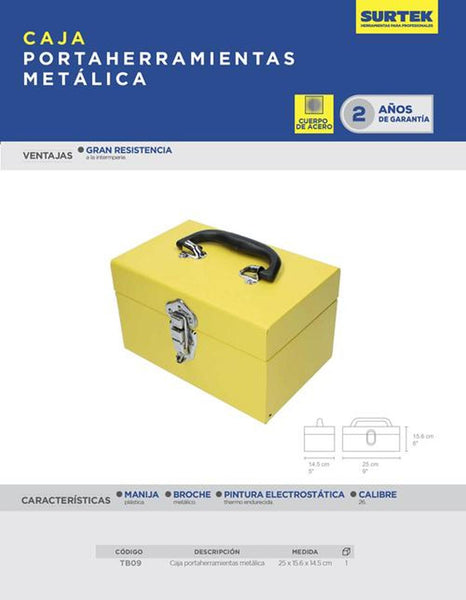 Caja portaherramientas metálica amarilla 25x15.6x14.5cm Surtek TB09