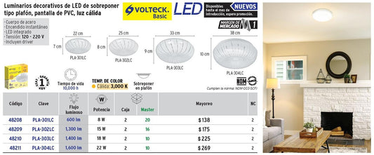 Luminario LED tipo plafón decorativo 8 W, luz cálida 48208