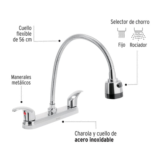 Mezcladora inox 8' p/fregadero, flexible, palanca, Foset 49820