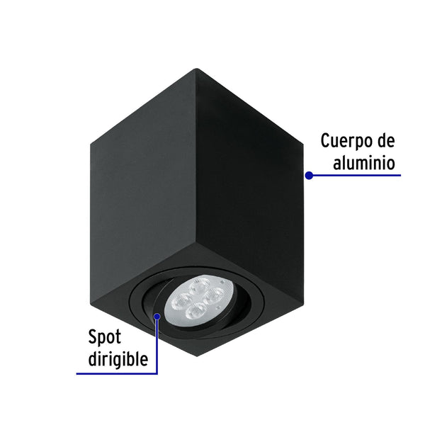 Luminario de sobreponer c/spot dirigible, cuadrado, negro, Volteck 49719