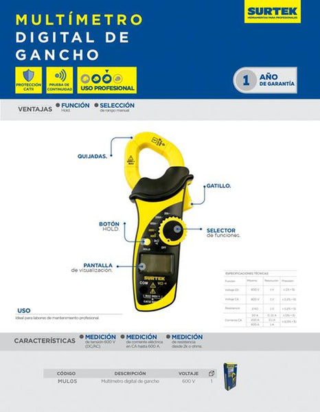 Multímetro digital gancho 600V Surtek MUL05