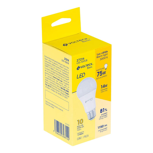 Lámpara de LED tipo bulbo A19 14 W, luz cálida, caja, Volteck 27214