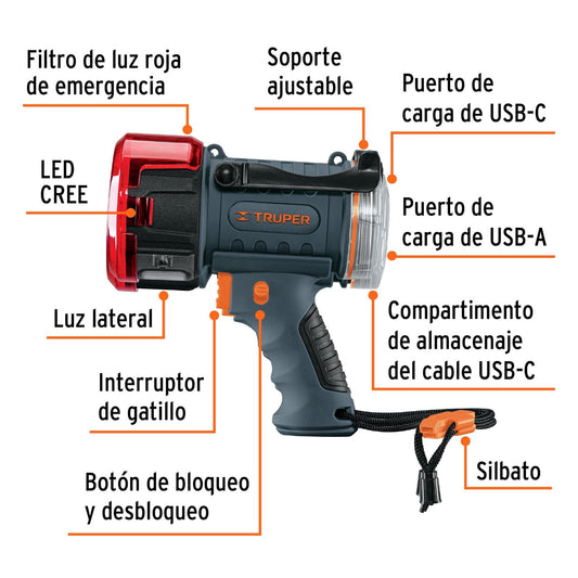 Lámpara de LED 2000 lm recargable alta potencia, Truper 102418