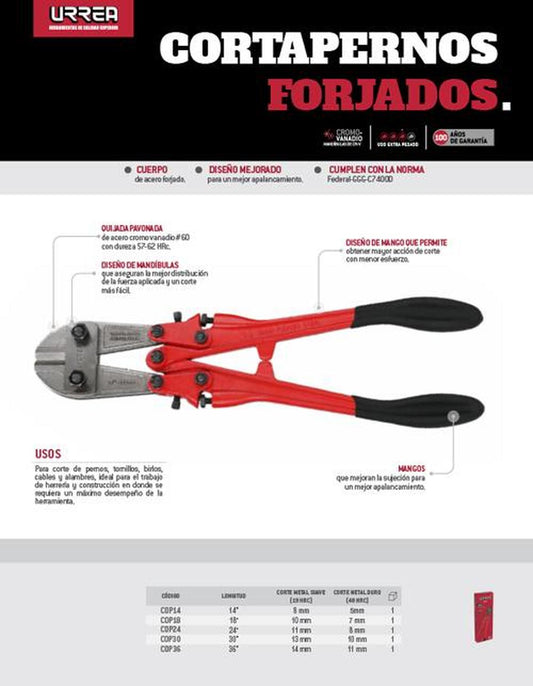 Corta perno forj 14" quij pavon acero crom vanad #60 Urrea. COP14