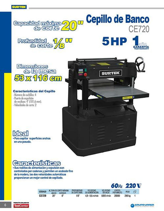 Cepillo de banco 20" 5HP 220V Surtek CE720