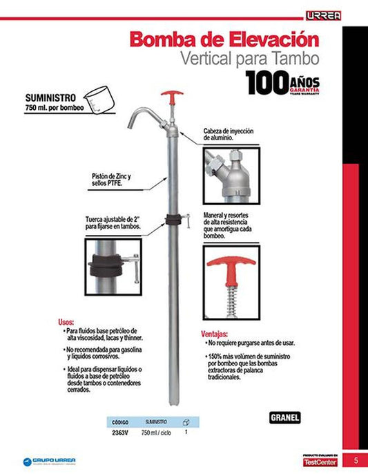 Bomba extractora vertical de aceite para tambo Urrea 2363V