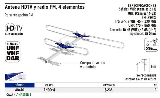 Antena aérea para tv, tipo dura oro de 4 elementos Volteck 48470