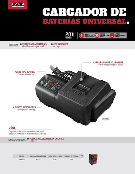 Cargador para baterías Urrea modelo BAT20U, con potencia de entrada de 90 W, voltaje de entrada de 1