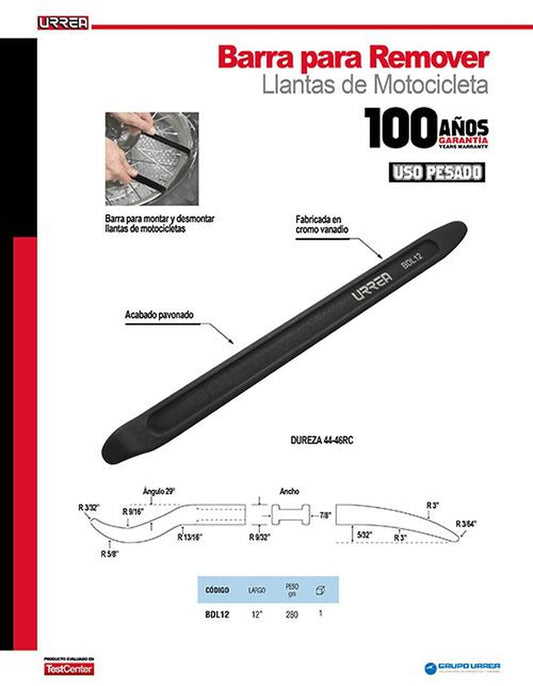 Barra para remover llantas de motocicleta 12" Urrea BDL12