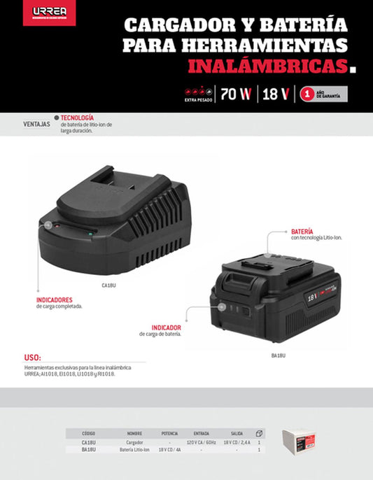 Batería Litio-ion para RI1018, EI1018, LI1018 y AI1018, 18 V Urrea BA18U